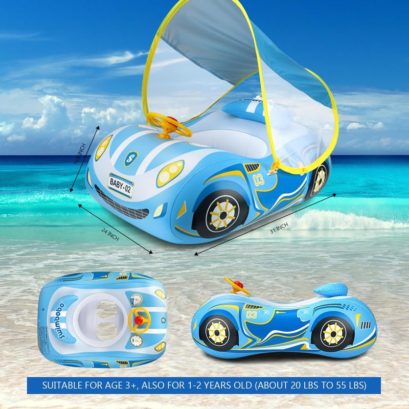 BOffer Baby Pool Float with 3D Car Design, PVC Baby Swim Float, Toddler Pool Float, Swimming Floats Seat Boat Pool Toys with Steering Wheel for 12-18, 12-24 Months, Age 2-3, 3+ Years Girl Boy - Image 2